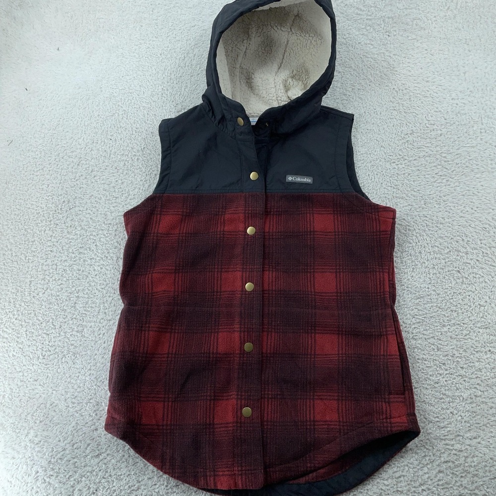 Columbia Benton Springs Overlay Fleece Vest Womens Large Hooded Plaid Snap Front